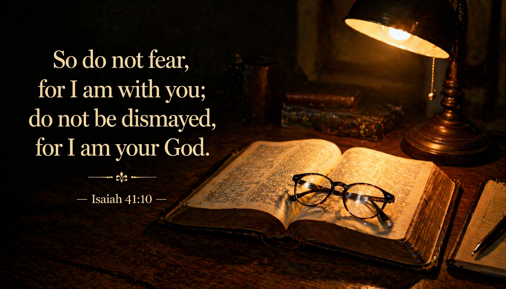 Worn leather Bible open on dark oak desk reading glasses resting on page single desk lamp warm amber light -- Isaiah 41:10 wallpaper